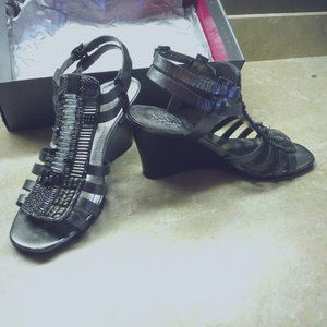 Gunmetal Metallic Leather Wedge Sandals